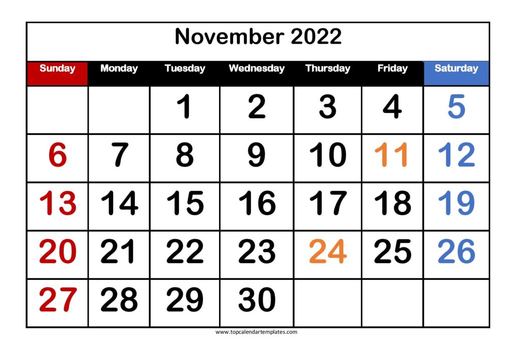 Printable Calendar November 2022 Templates - PDF, Word, Excel