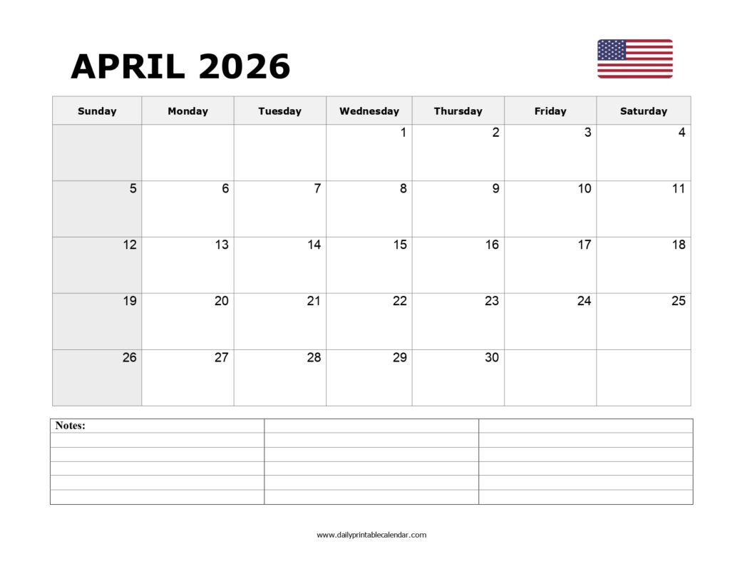 Free Printable April 2026 Calendar