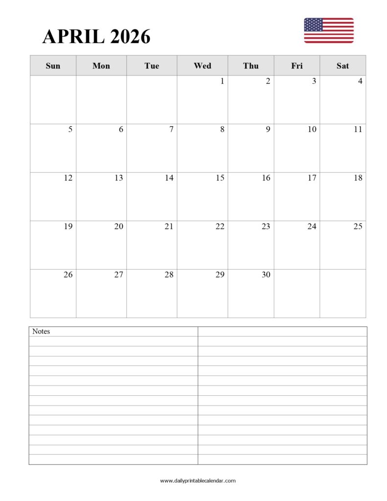 Blank April 2026 Calendar Printable