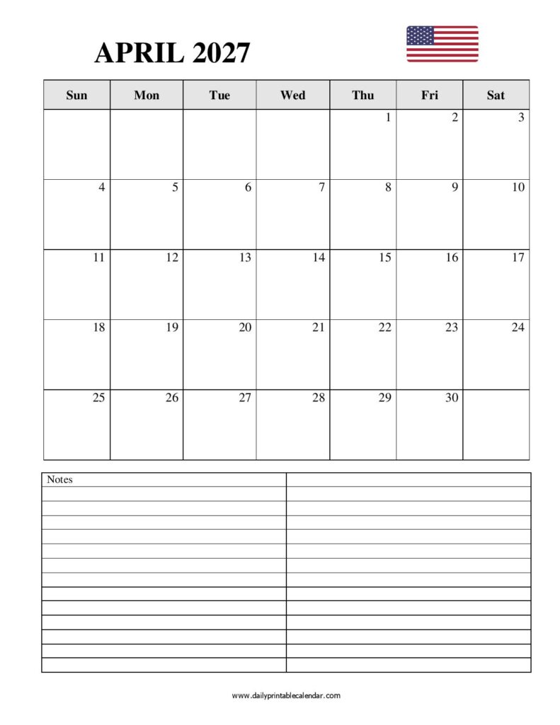 Blank April 2027 Calendar Printable