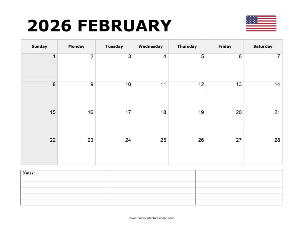 Free Printable February 2026 Calendar
