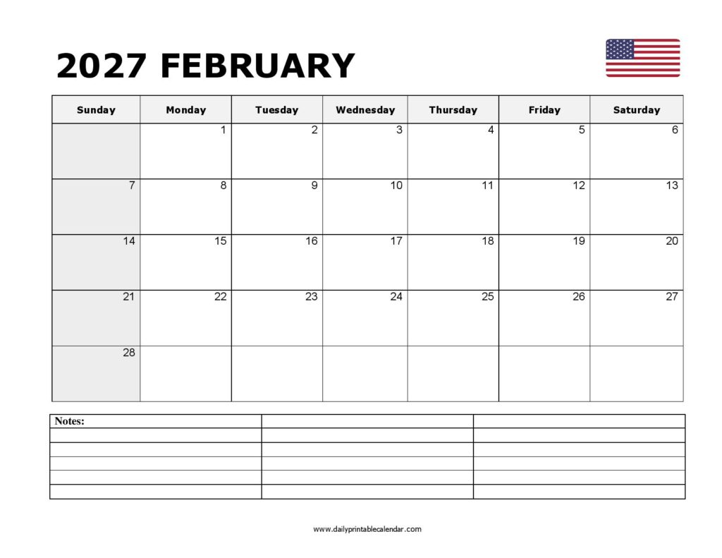 Free Printable February 2027 Calendar
