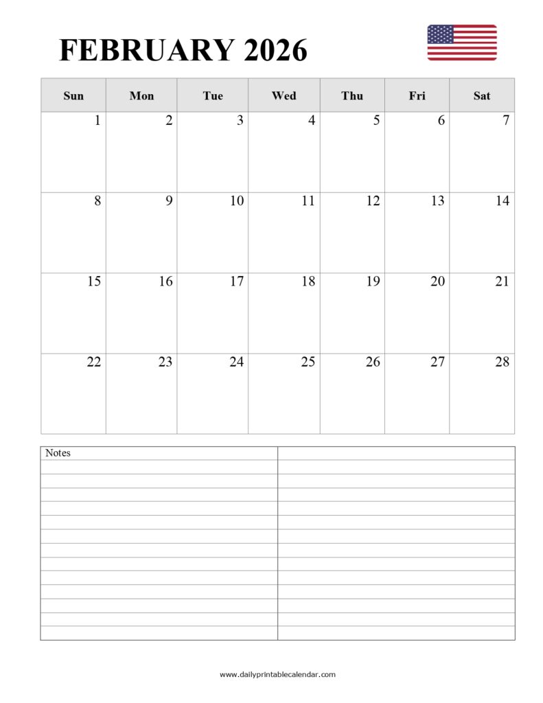 Blank February 2026 Calendar Printable