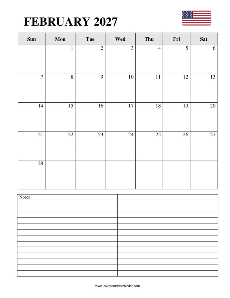 Blank February 2027 Calendar Printable