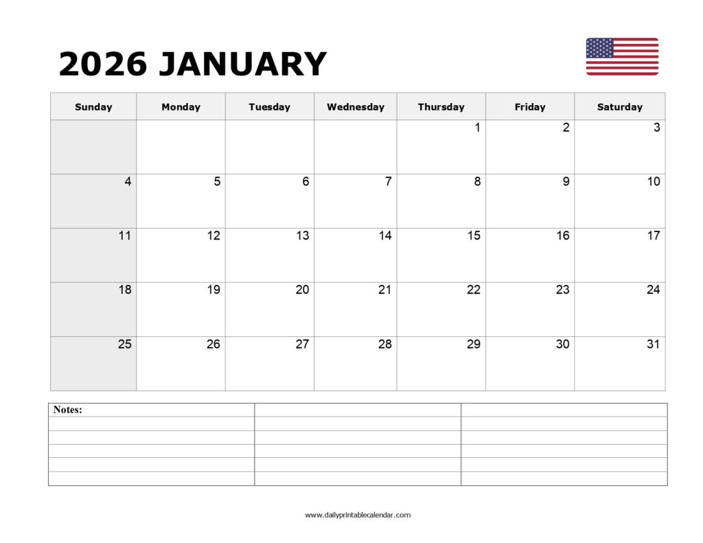 Free Printable January 2026 Calendar