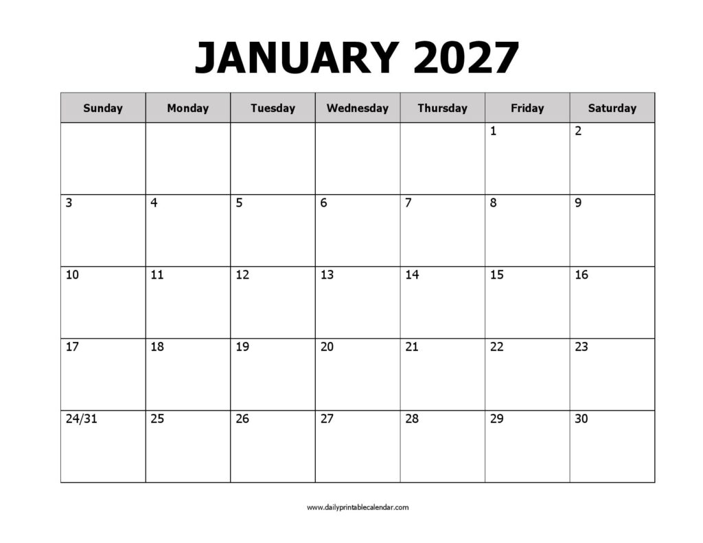 January 2027 Printable Calendar