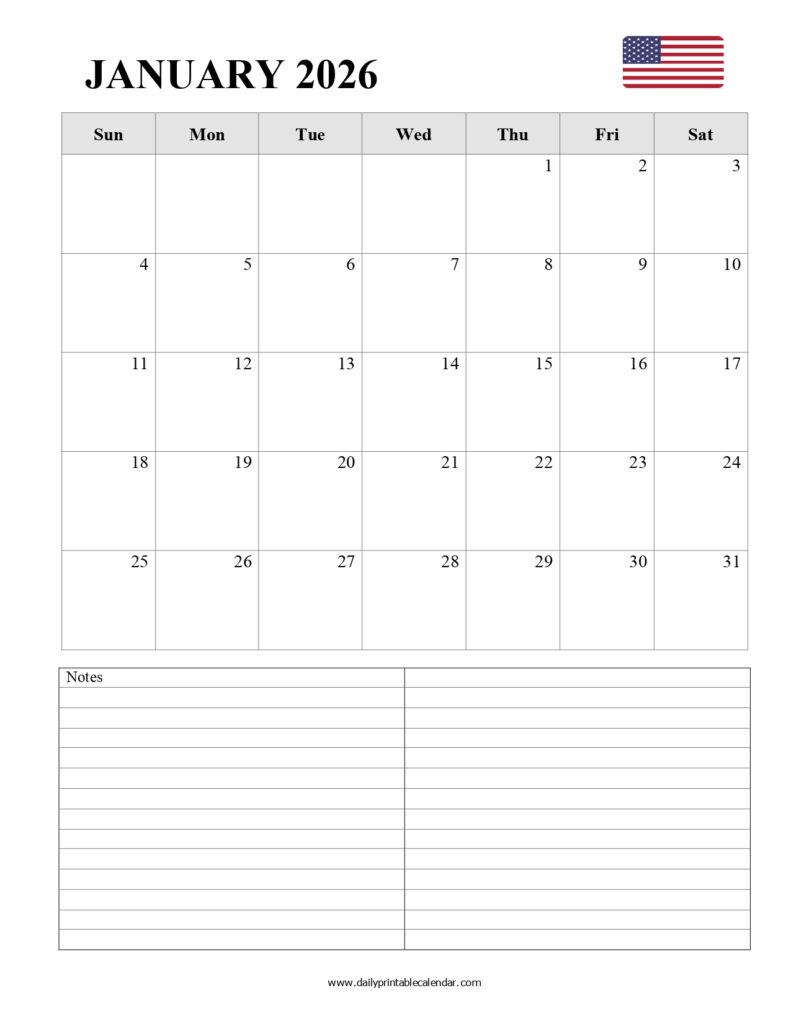 Blank January 2026 Calendar Printable