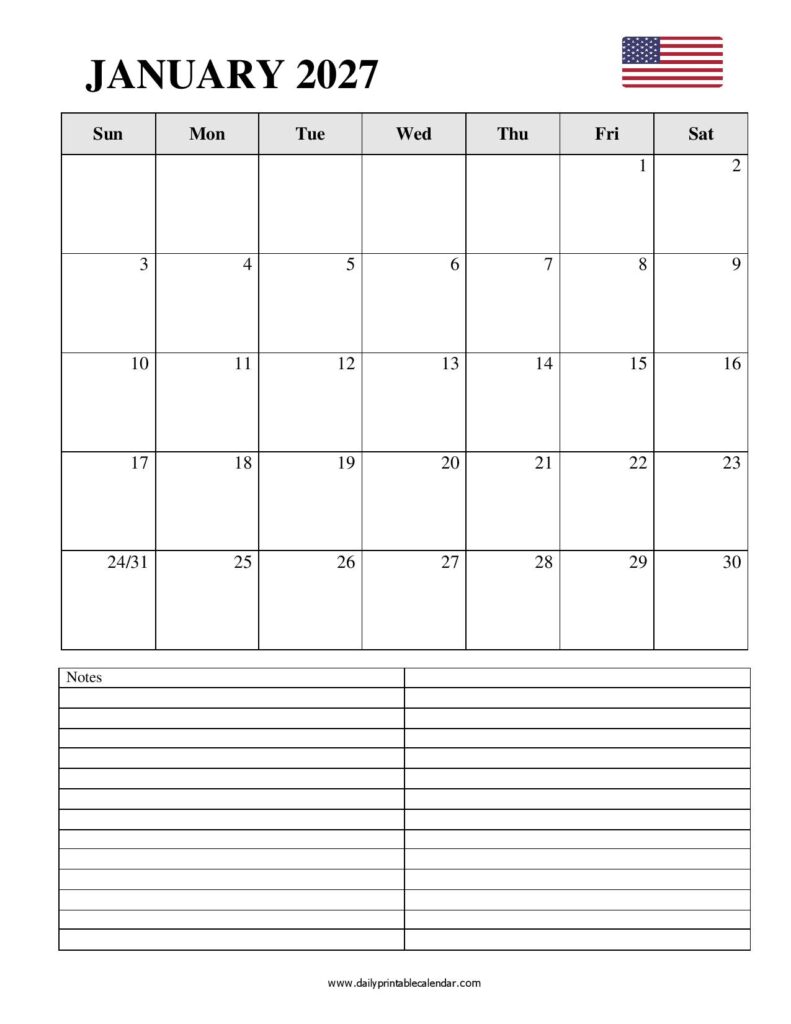 Blank January 2027 Calendar Printable