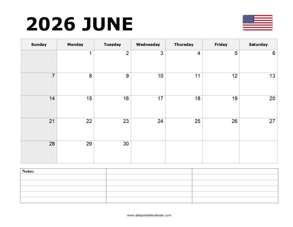 Free Printable June 2026 Calendar