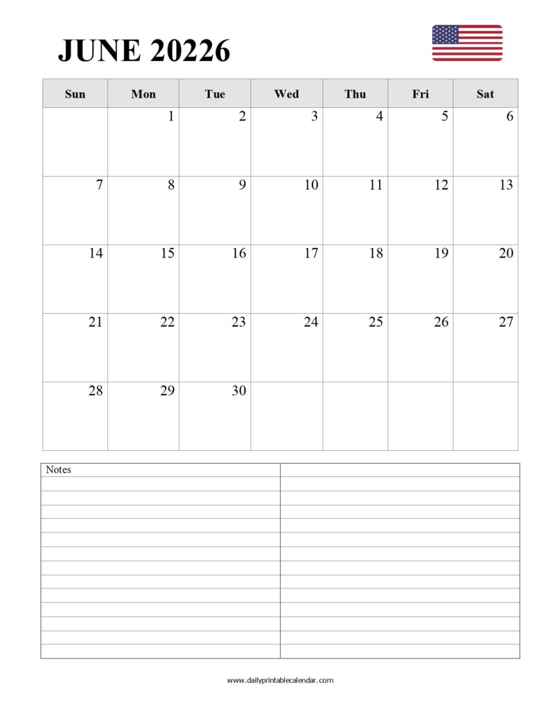 Blank June 2026 Calendar Printable