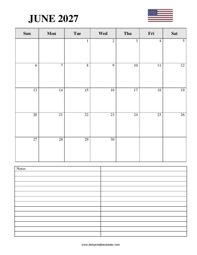 Blank June 2027 Calendar Printable