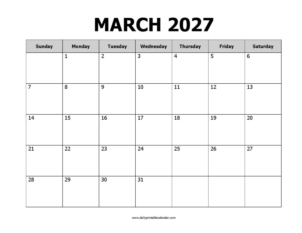 March 2027 Printable Calendar