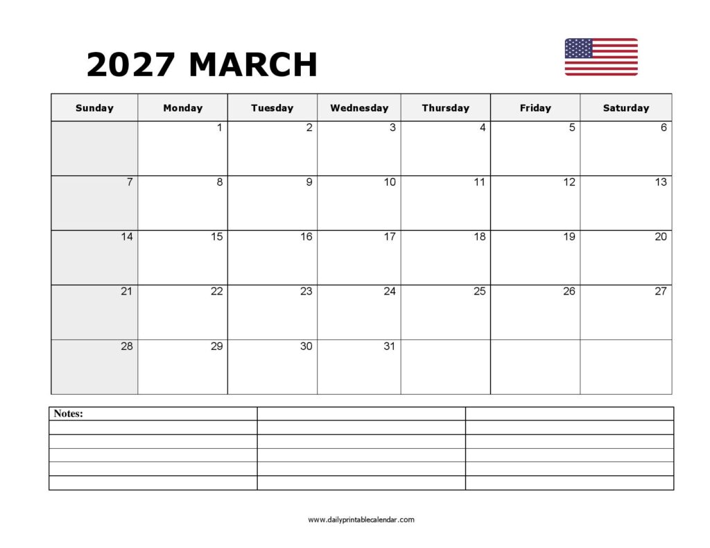 Free Printable March 2027 Calendar