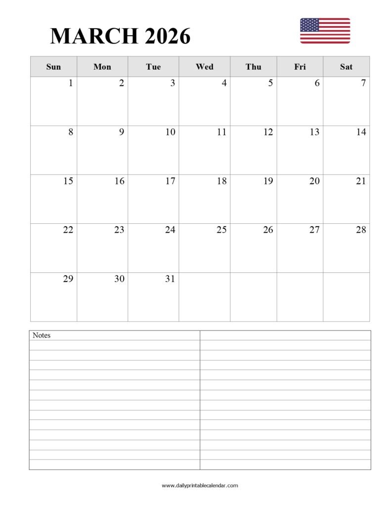 Blank March 2026 Calendar Printable