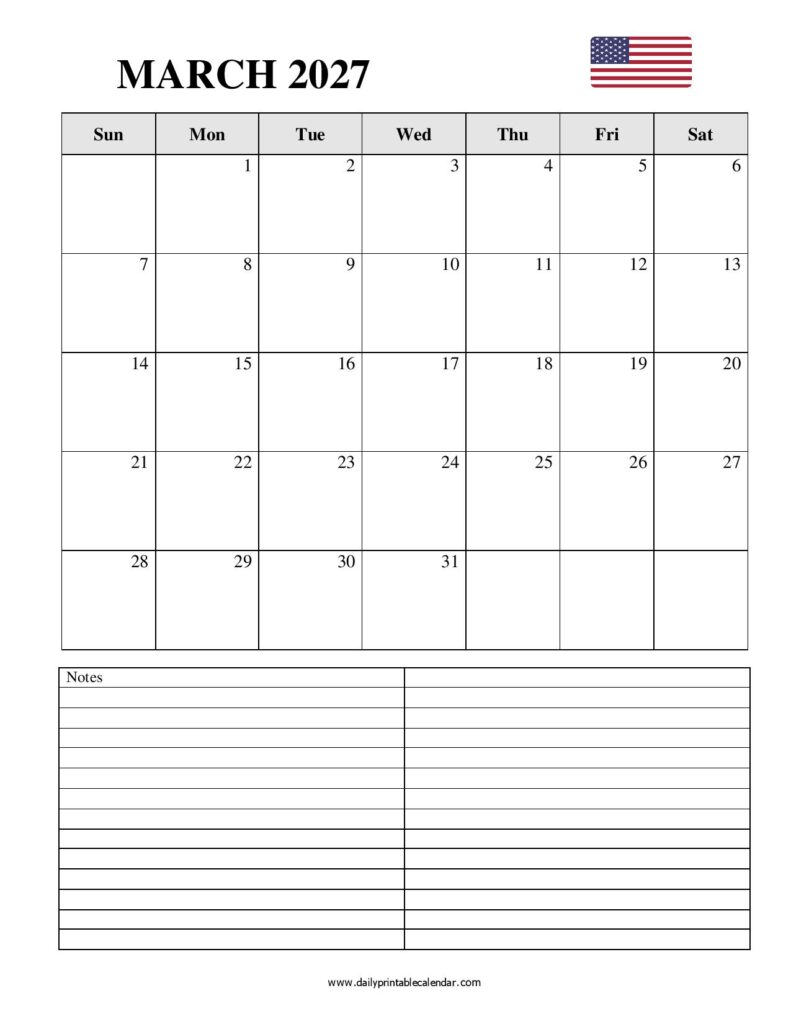 Blank March 2027 Calendar Printable