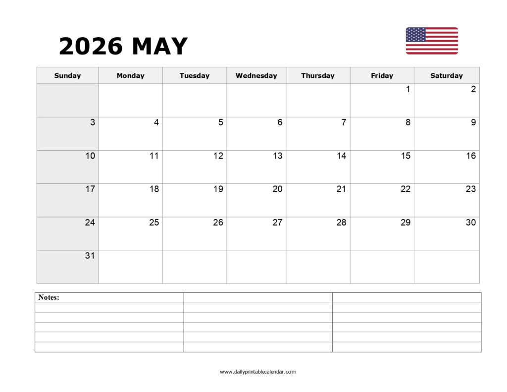 Free Printable May 2026 Calendar