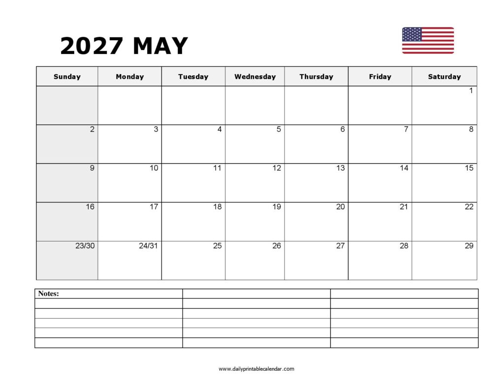 Free Printable May 2027 Calendar