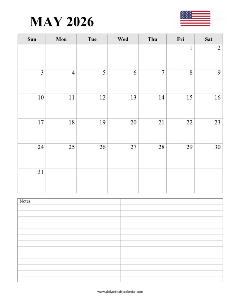 Blank May 2026 Calendar Printable