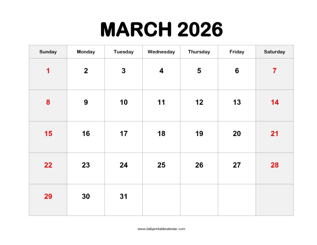 Free Printable March 2026 Calendar